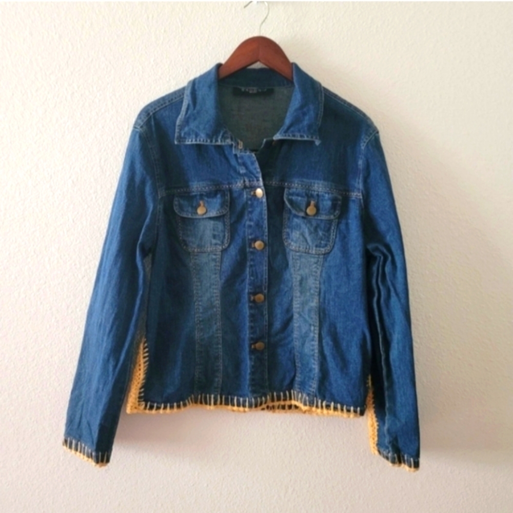 Sandro Sportswear denim jacket size L (?) crochet trim button front Boho Womens